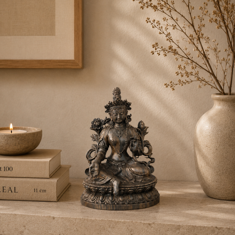 Statue Tara Verte en lotus, patine bronze – vue 2
