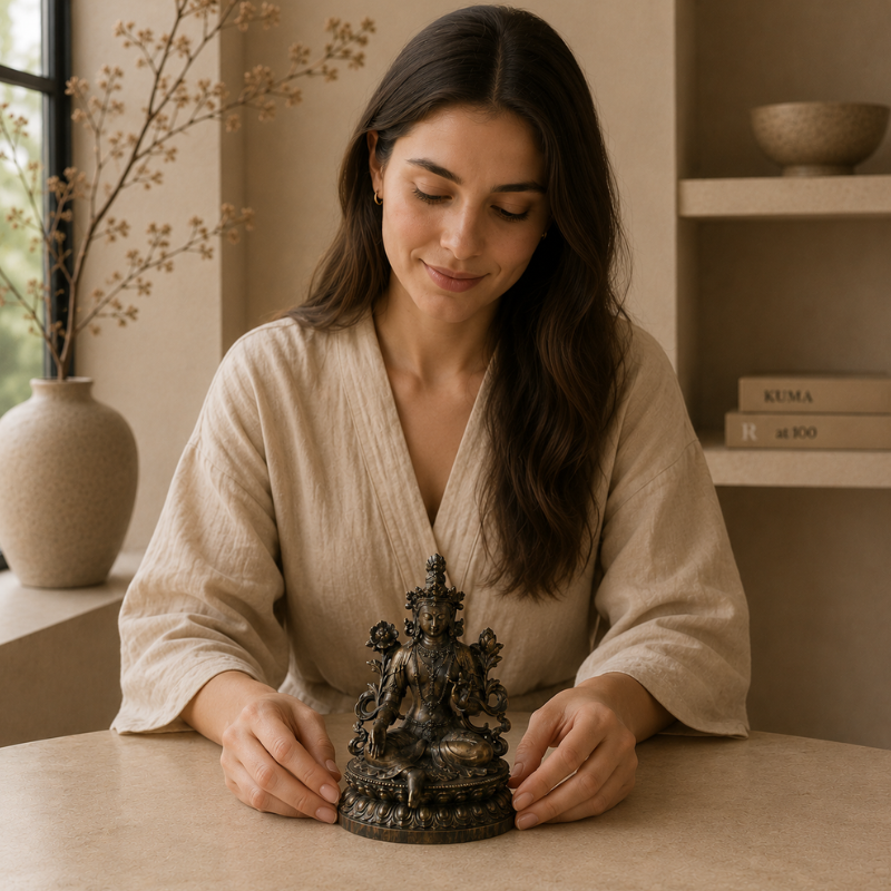 Statue Tara Verte en lotus, patine bronze – vue 9