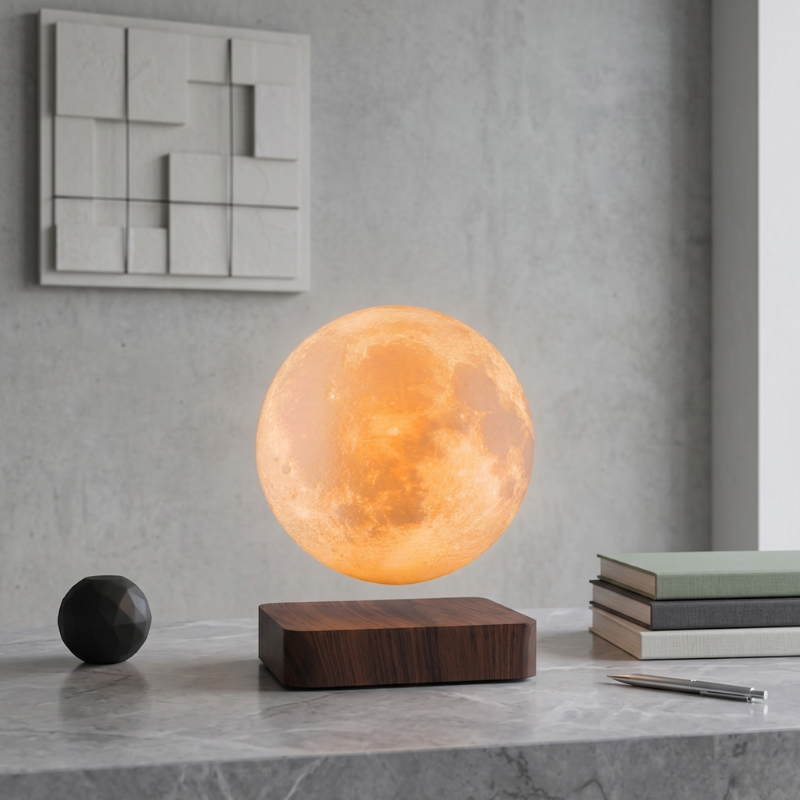 Lampe Lune en lévitation, socle bois – vue 2
