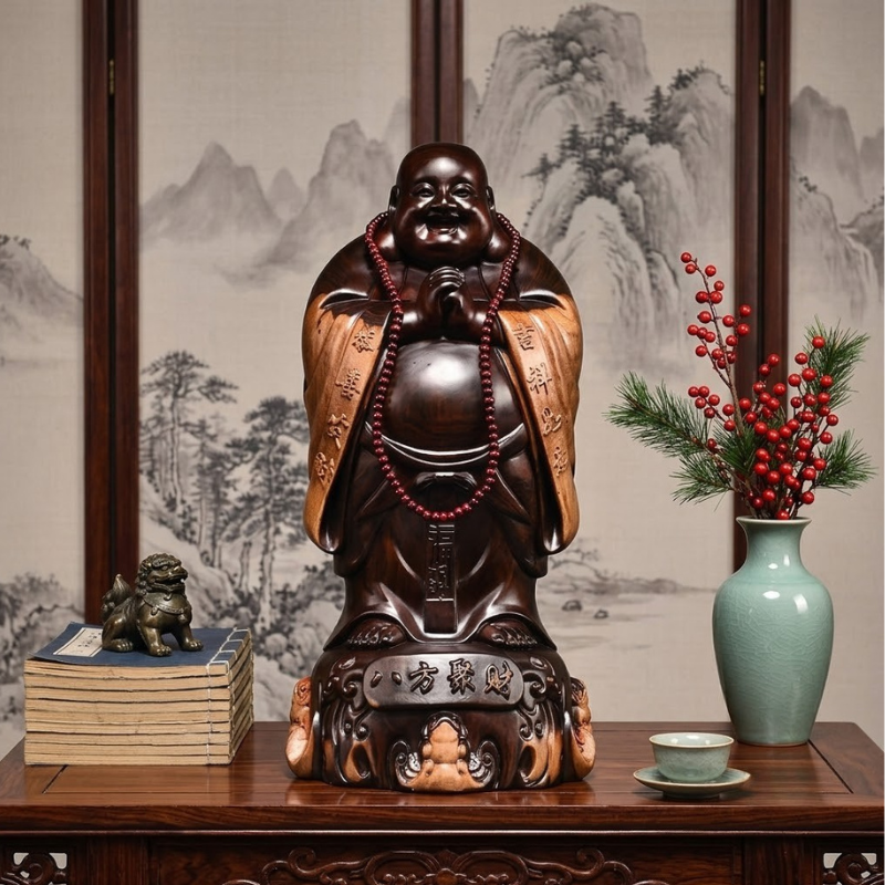 Statue Bouddha Rieur en bois sculpté – vue 9