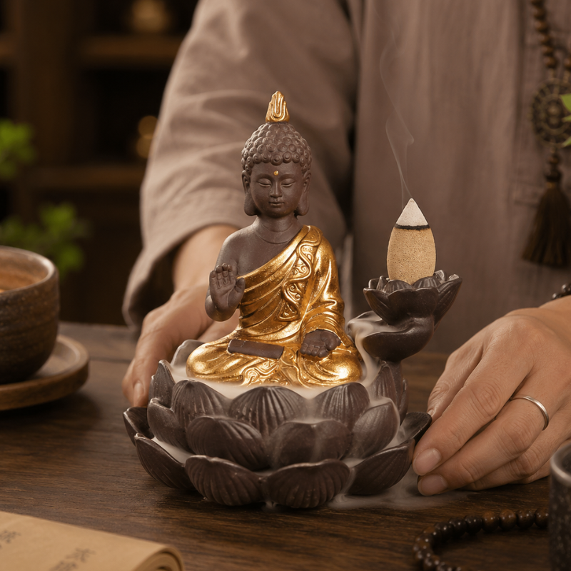 Porte-encens Bouddha lotus à reflux céramique – vue 6
