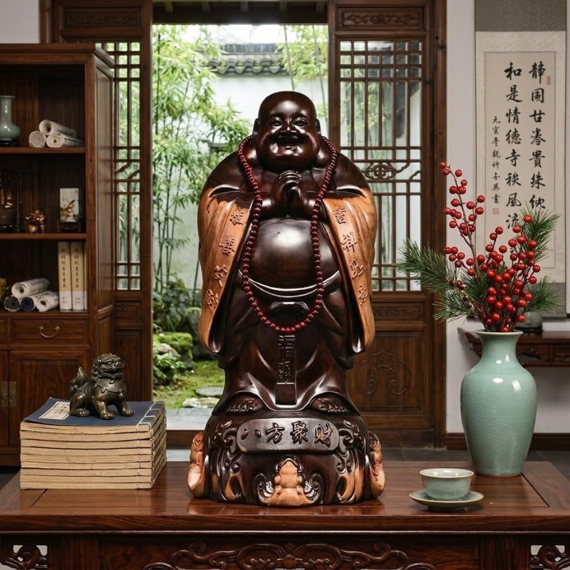 Statue Bouddha Rieur en bois sculpté – vue 10