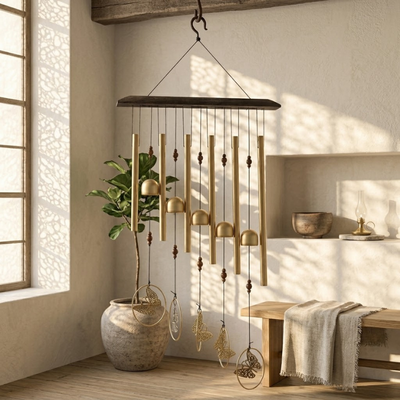 Carillon à vent doré, tubes et cloches zen – vue 3