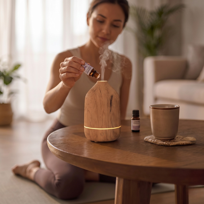 Diffuseur ultrasonique bois, brume et lumière douce – vue 5