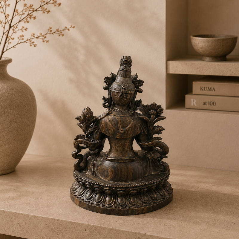 Statue Tara Verte en lotus, patine bronze – vue 6