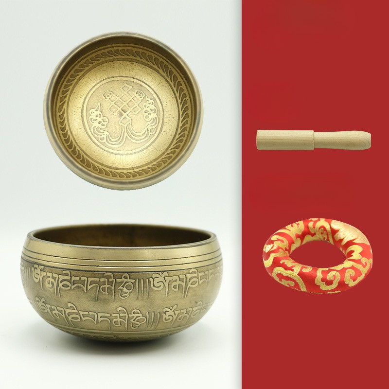 Bol tibétain gravé, laiton et maillet bois