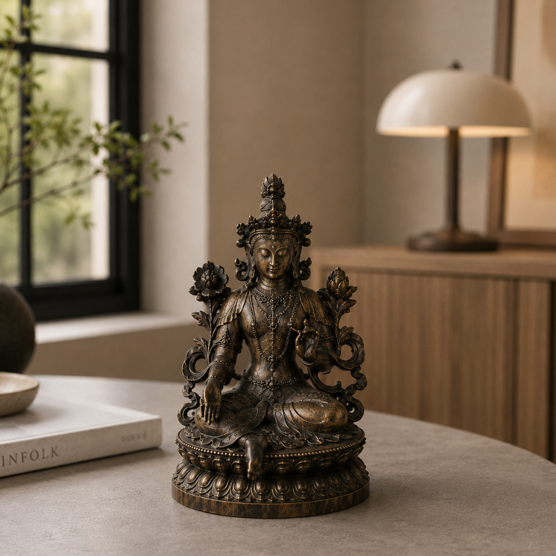 Statue Tara Verte en lotus, patine bronze – vue 7