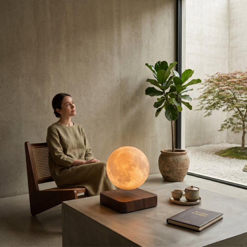 Lampe Lune en lévitation, socle bois – vue 3