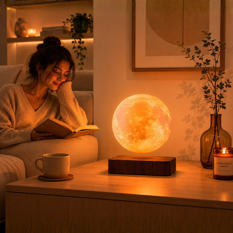 Lampe Lune en lévitation, socle bois – vue 4
