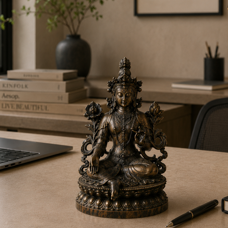 Statue Tara Verte en lotus, patine bronze – vue 8