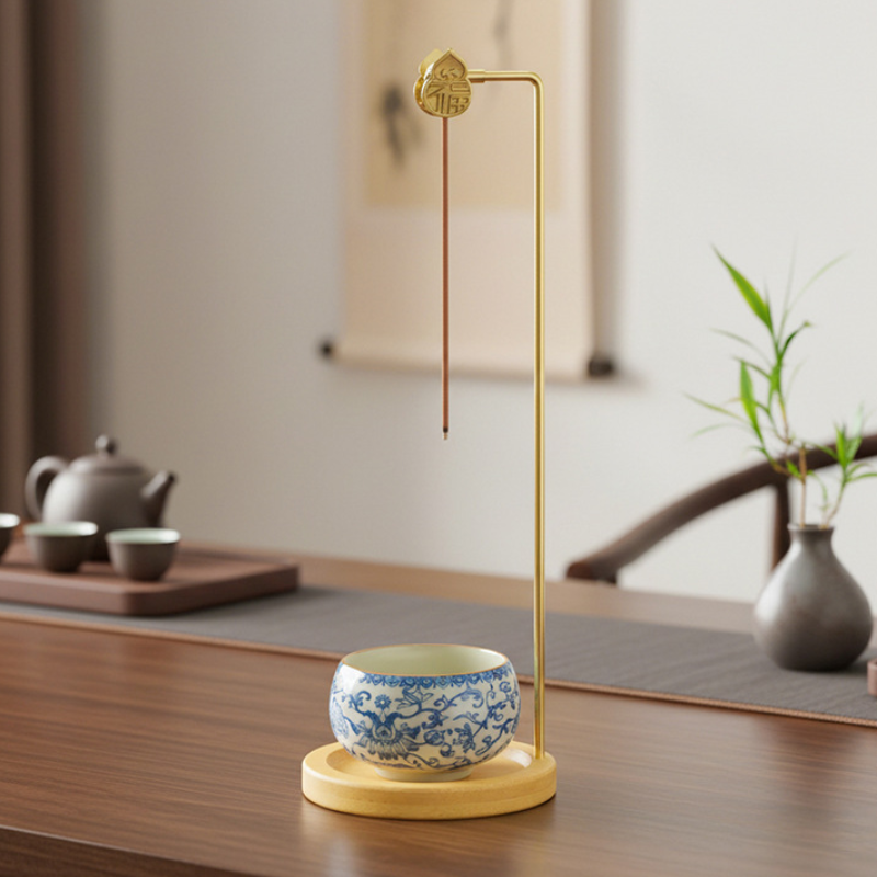 Porte-encens lotus suspendu, laiton et céramique Image