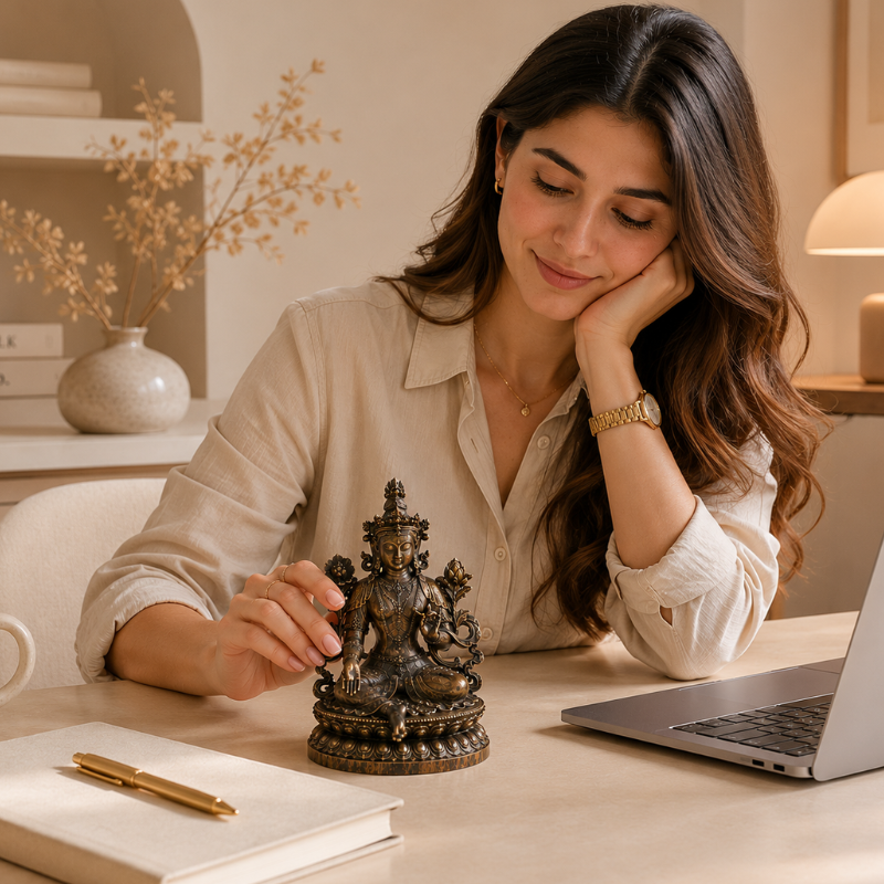 Statue Tara Verte en lotus, patine bronze – vue 10