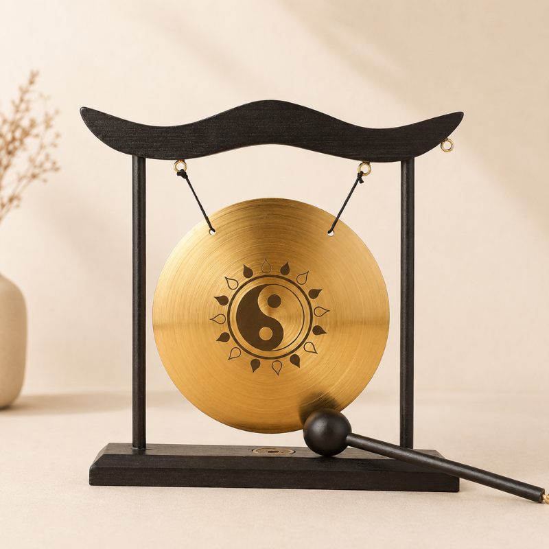 Gong tibétain de table, laiton et portique zen