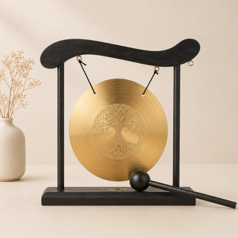 Gong tibétain de table, laiton et portique zen – vue 15
