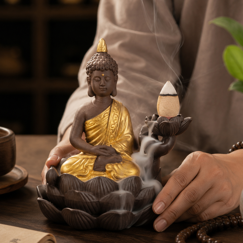 Porte-encens Bouddha lotus à reflux céramique – vue 4