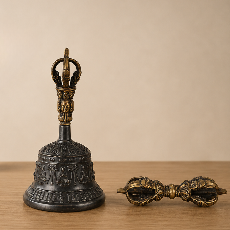 Cloche tibétaine en laiton, ghanta et dorje – vue 5