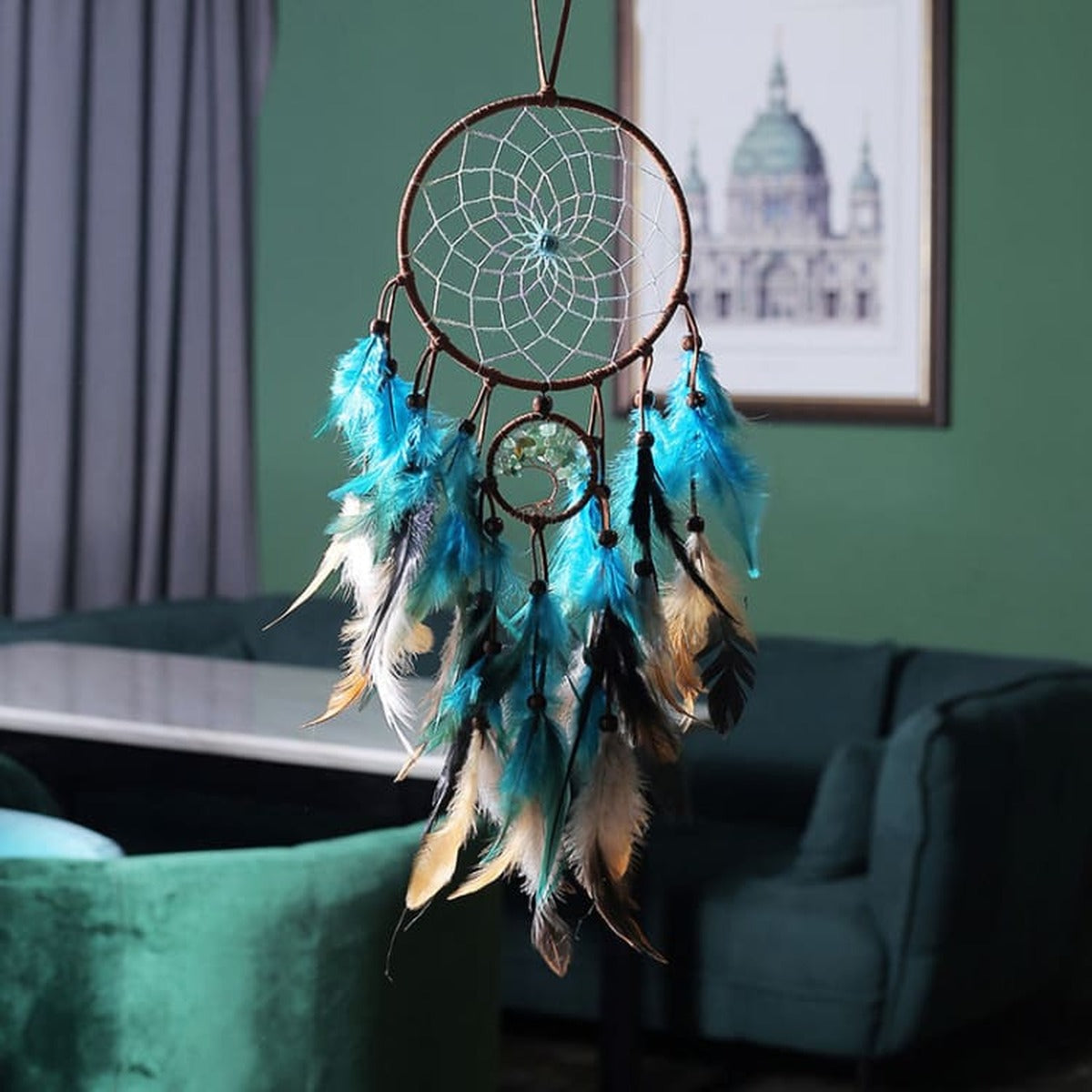 Attrape rêves double plumes turquoise