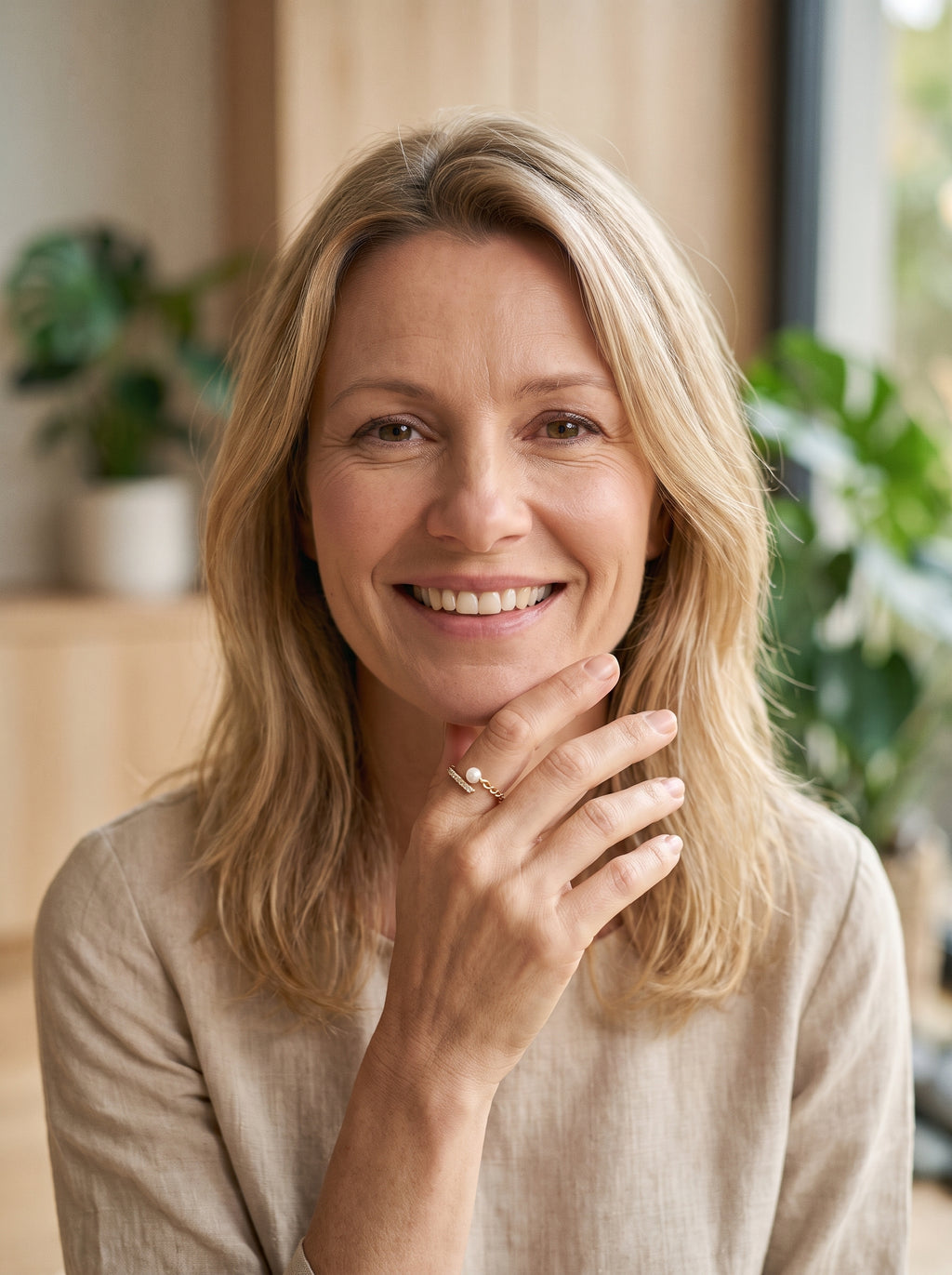 Modèle souriante portant une bague fine dorée avec perle blanche, main près du visage