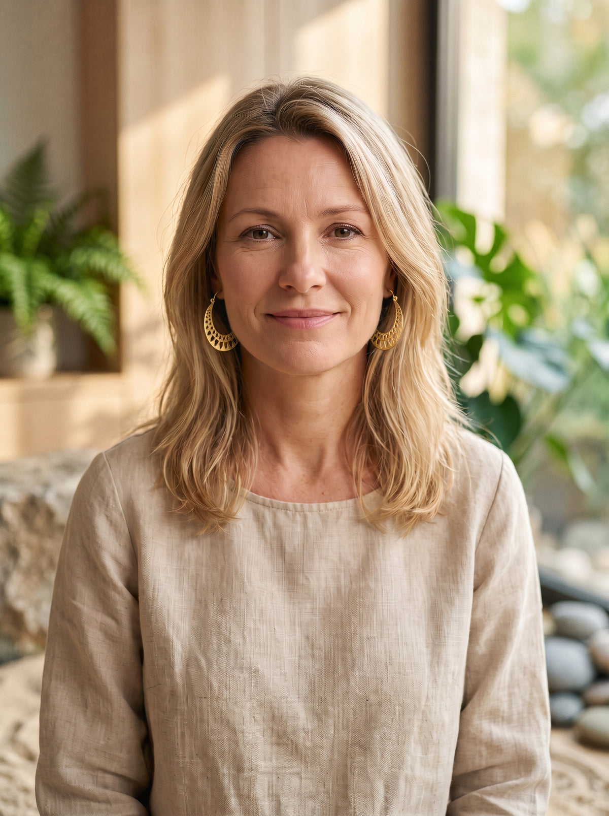 Femme souriante portant les boucles d'oreilles ethniques en créoles ajourées dorées