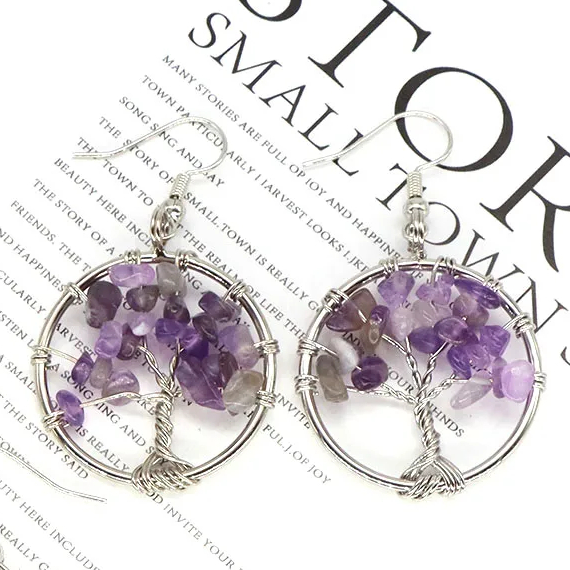 Boucles d'oreilles avec design d'arbre en pierre d'améthyste