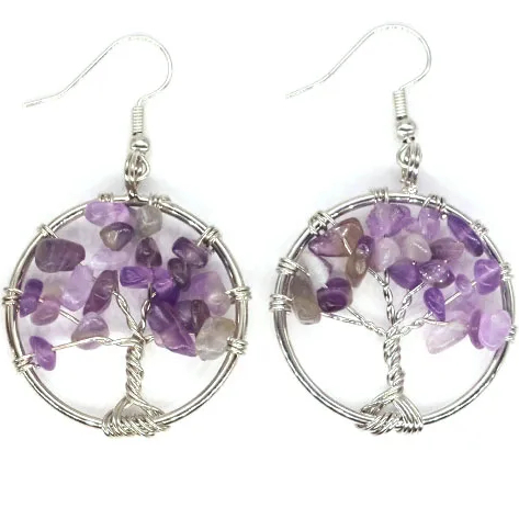 Boucles d'oreilles avec design d'arbre en pierre d'améthyste