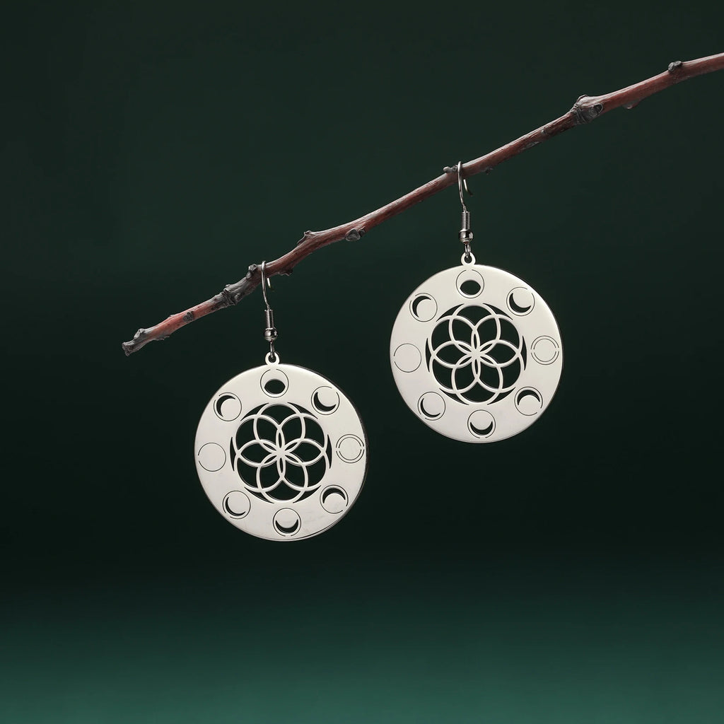 Boucles d'oreilles rondes avec mandalas en acier inoxydable