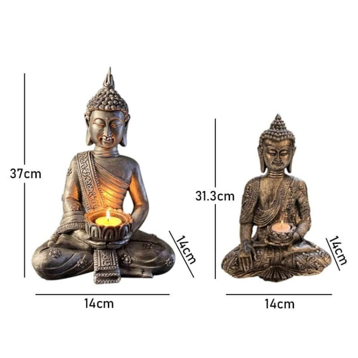 Dimensions des deux postures du bougeoir Bouddha bronze