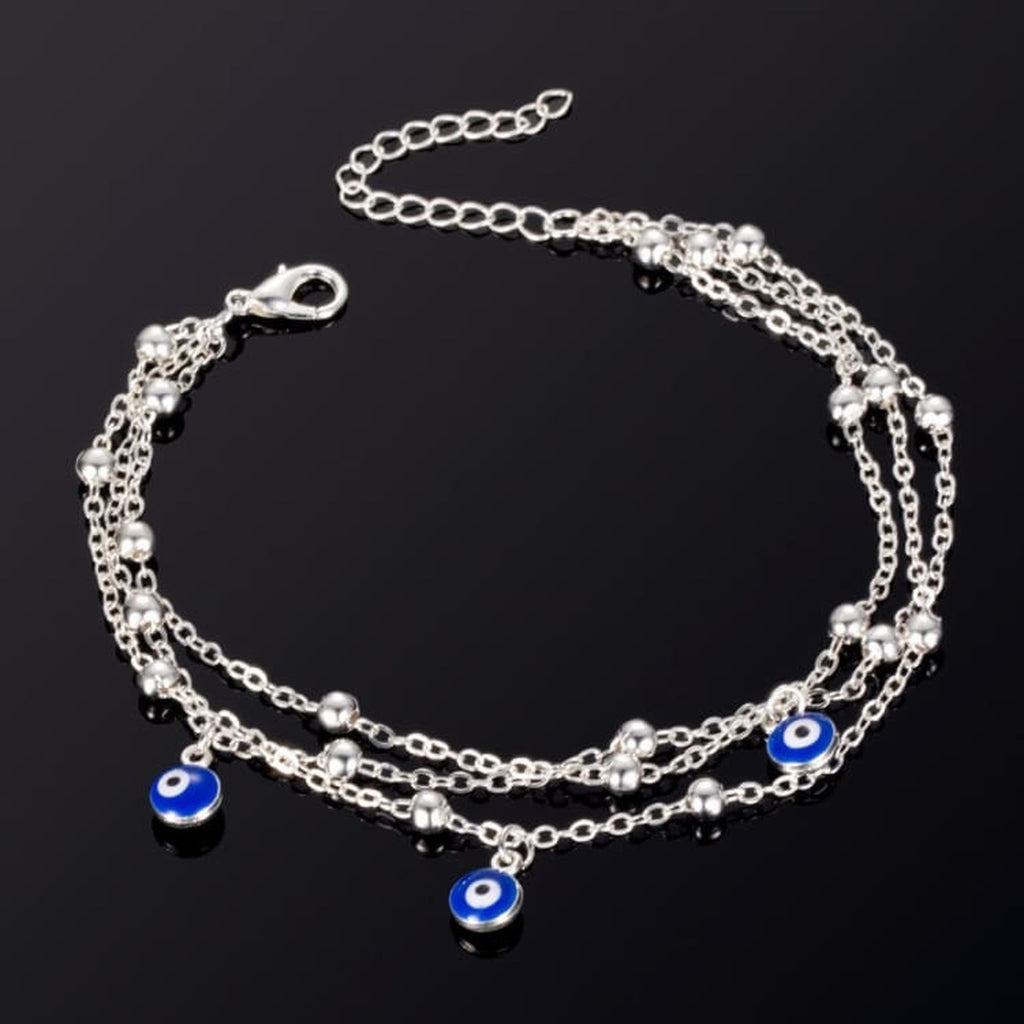 Bracelet de cheville Nazar Boncuk Argent à trois yeux bleus