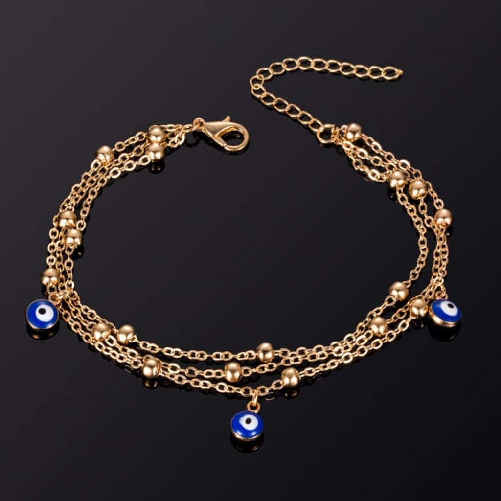 Bracelet de cheville Nazar Boncuk Or à trois yeux bleus
