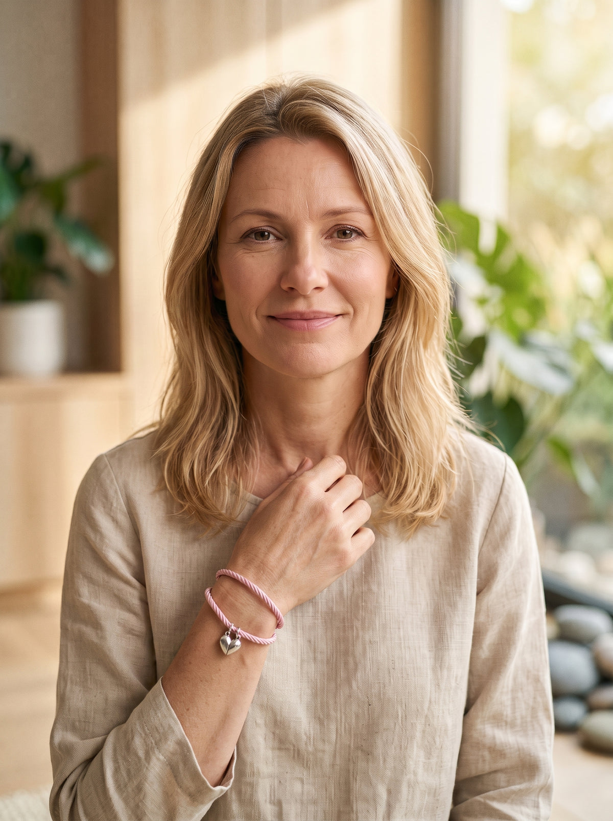 Femme souriante portant le bracelet de couple rose au poignet, pendentif demi-coeur argente visible