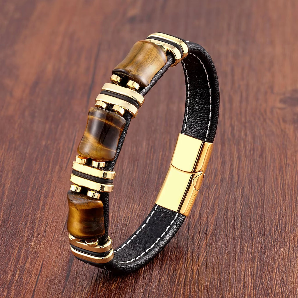 Bracelet Homme - Oeil de Tigre sur fond marron