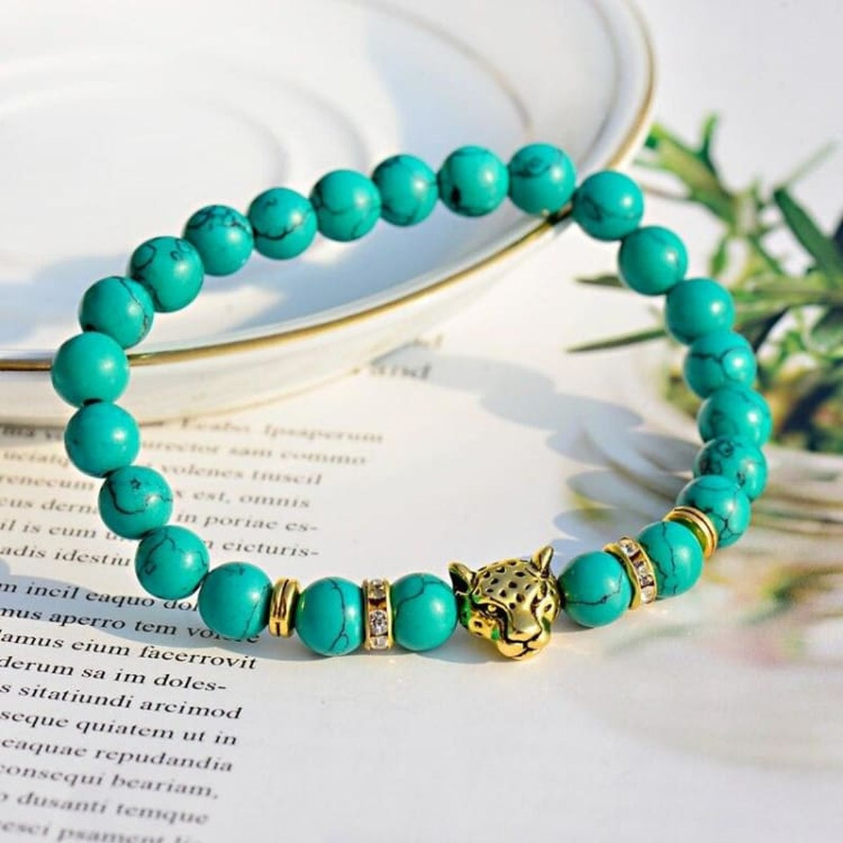 Bracelet homme perlé léopard enroulé, perles turquoise