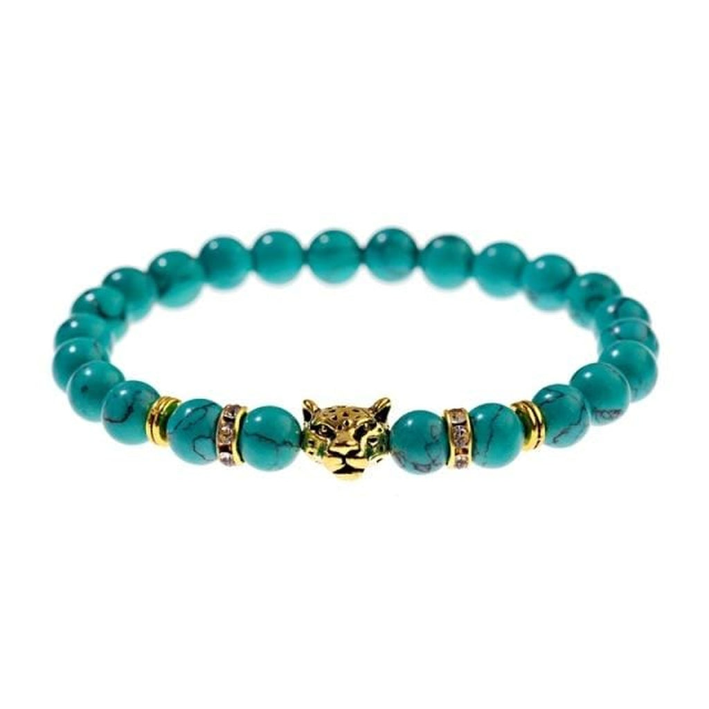 Bracelet léopard bleu turquoise sur fond blanc, vue de face