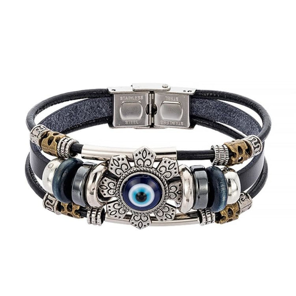 Bracelet multirang noir avec mauvais œil bleu, plaque argentée et fermoir visible