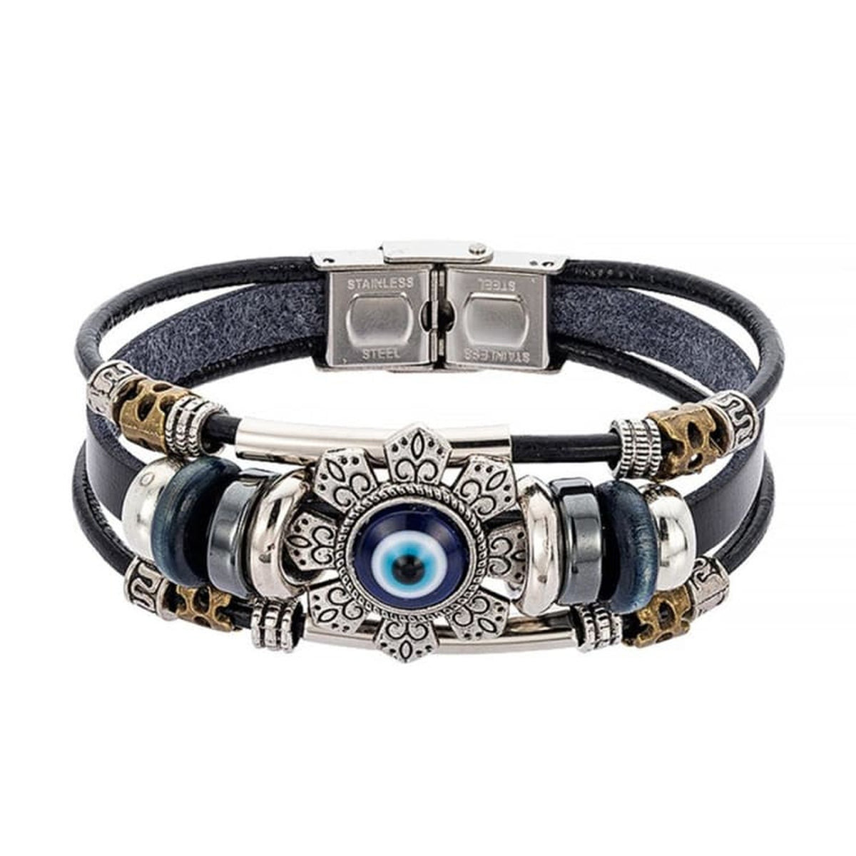 Bracelet multirang noir avec mauvais œil bleu, plaque argentée et fermoir visible