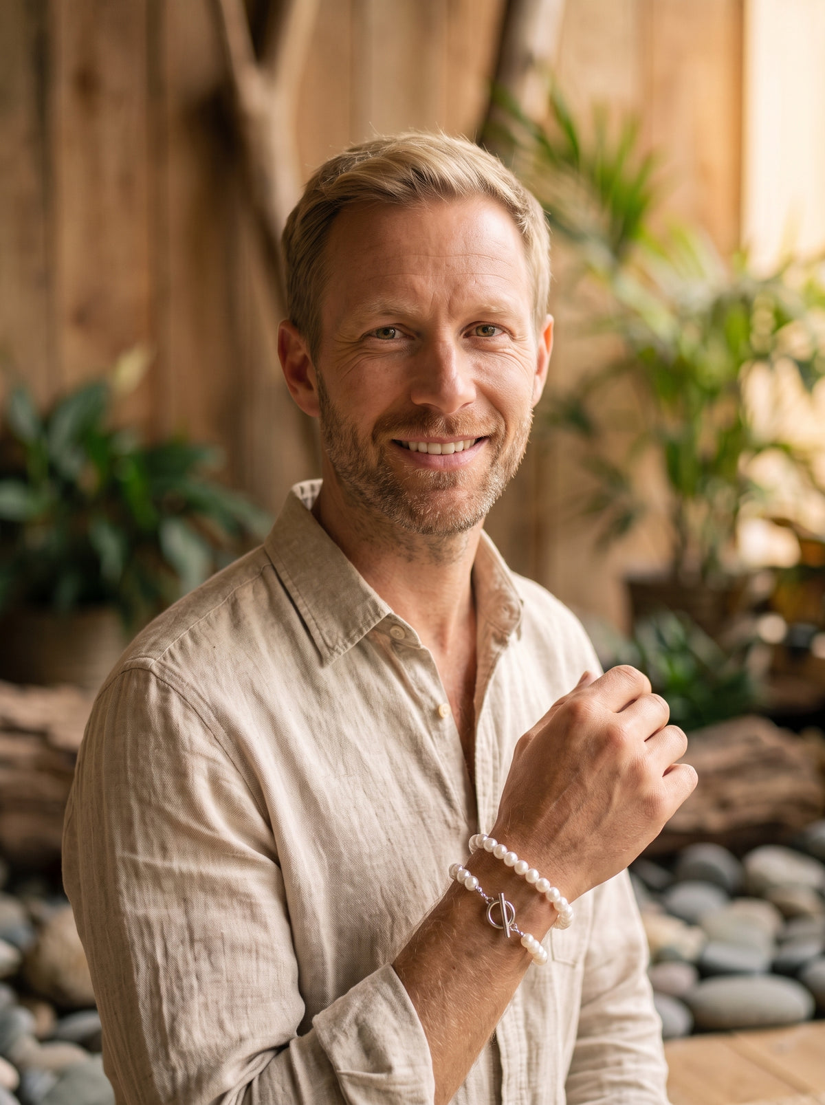 Homme souriant portant le bracelet de perles blanches au poignet, fermoir T-bar visible