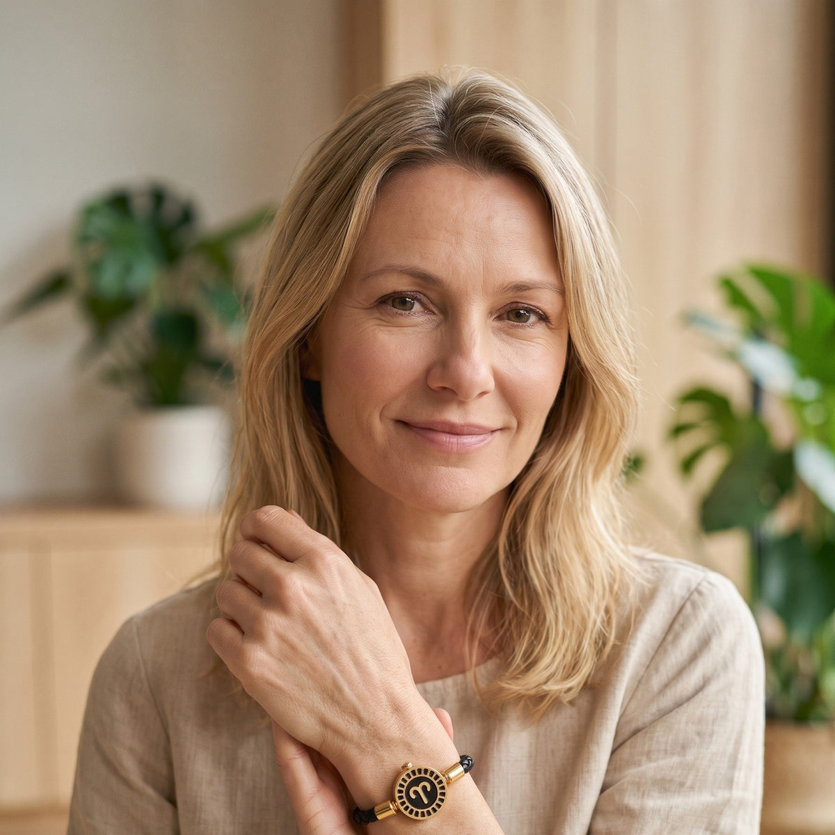 Femme souriante portant un bracelet signe astrologique Bélier, cordon noir et médaillon doré, Le Temple Yogi