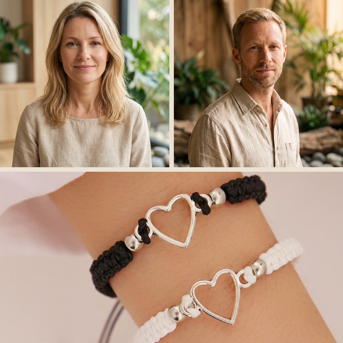 Visages souriants du casting et bracelets de couple portés aux poignets