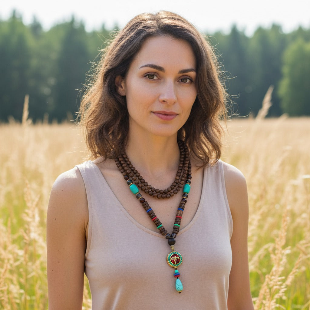 Femme portant le collier mala tibétain en bois de santal en sautoir, pendentif serti turquoise, champ ensoleillé