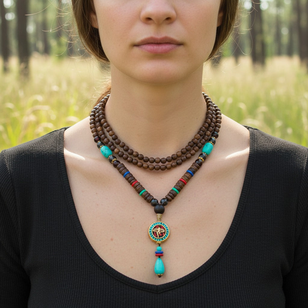 Femme portant le collier mala tibétain en bois de santal, médaillon serti turquoise, en extérieur