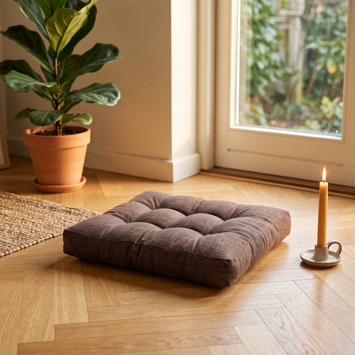 Coussin de méditation carré capitonné marron posé sur un parquet en bois clair, avec plante verte et bougie allumée, ambiance zen chaleureuse