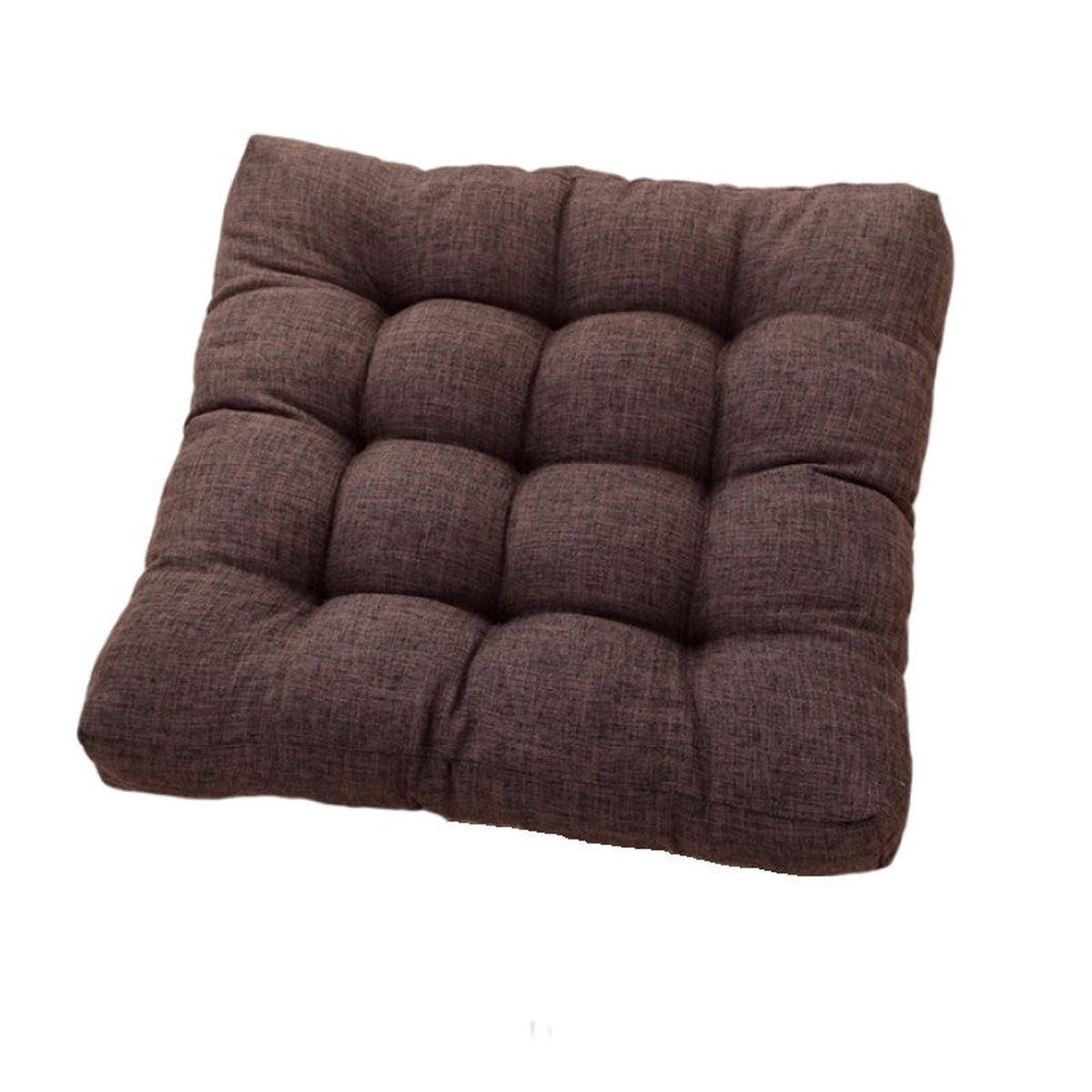 Coussin de méditation carré capitonné marron foncé, surface matelassée 3x3 alvéoles, vue de trois quarts