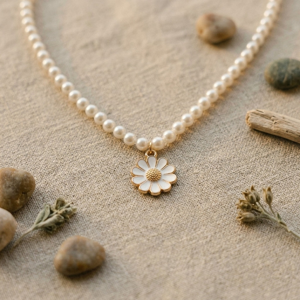 Gros plan sur le pendentif marguerite et les perles d'eau douce