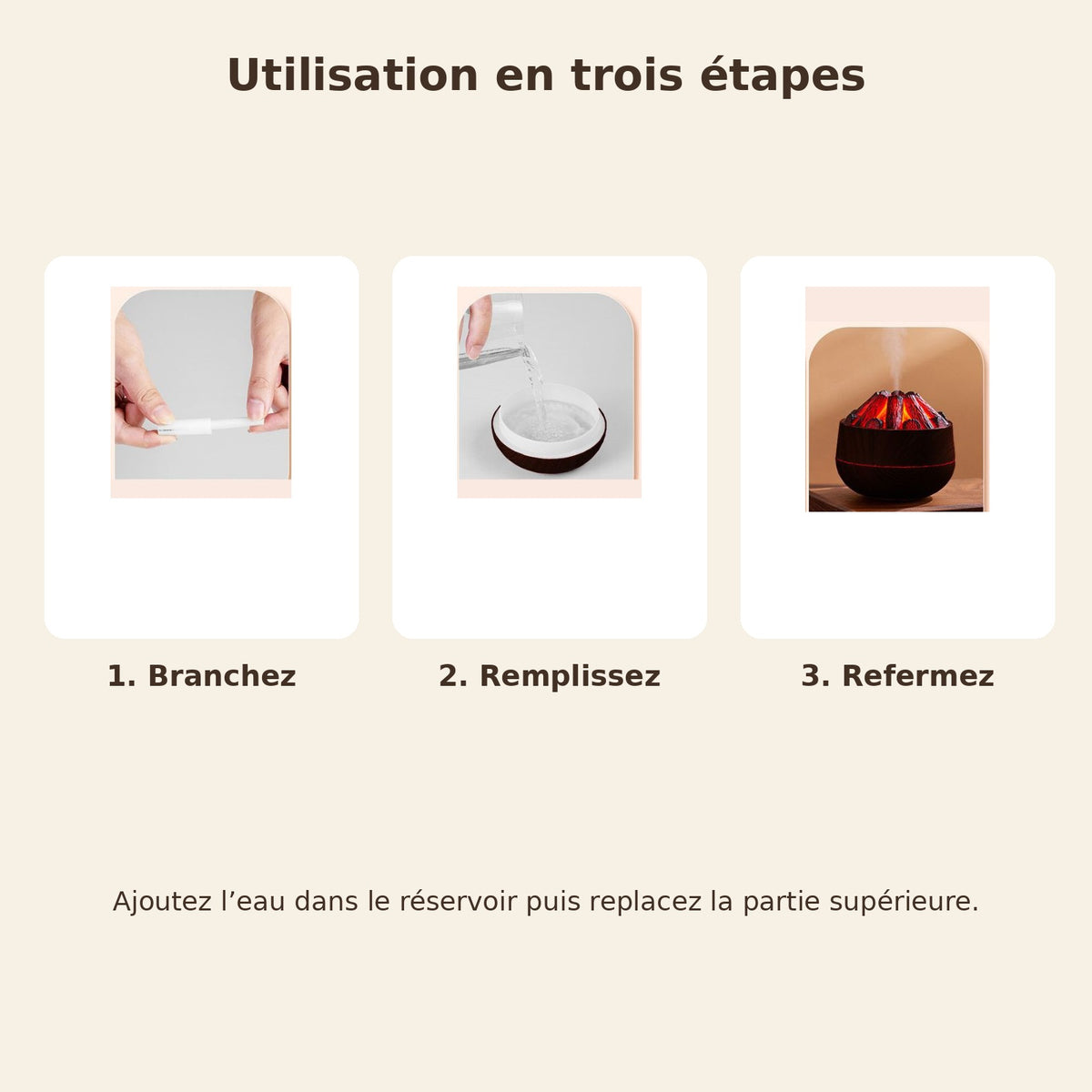 Étapes de branchement, remplissage et fermeture du diffuseur