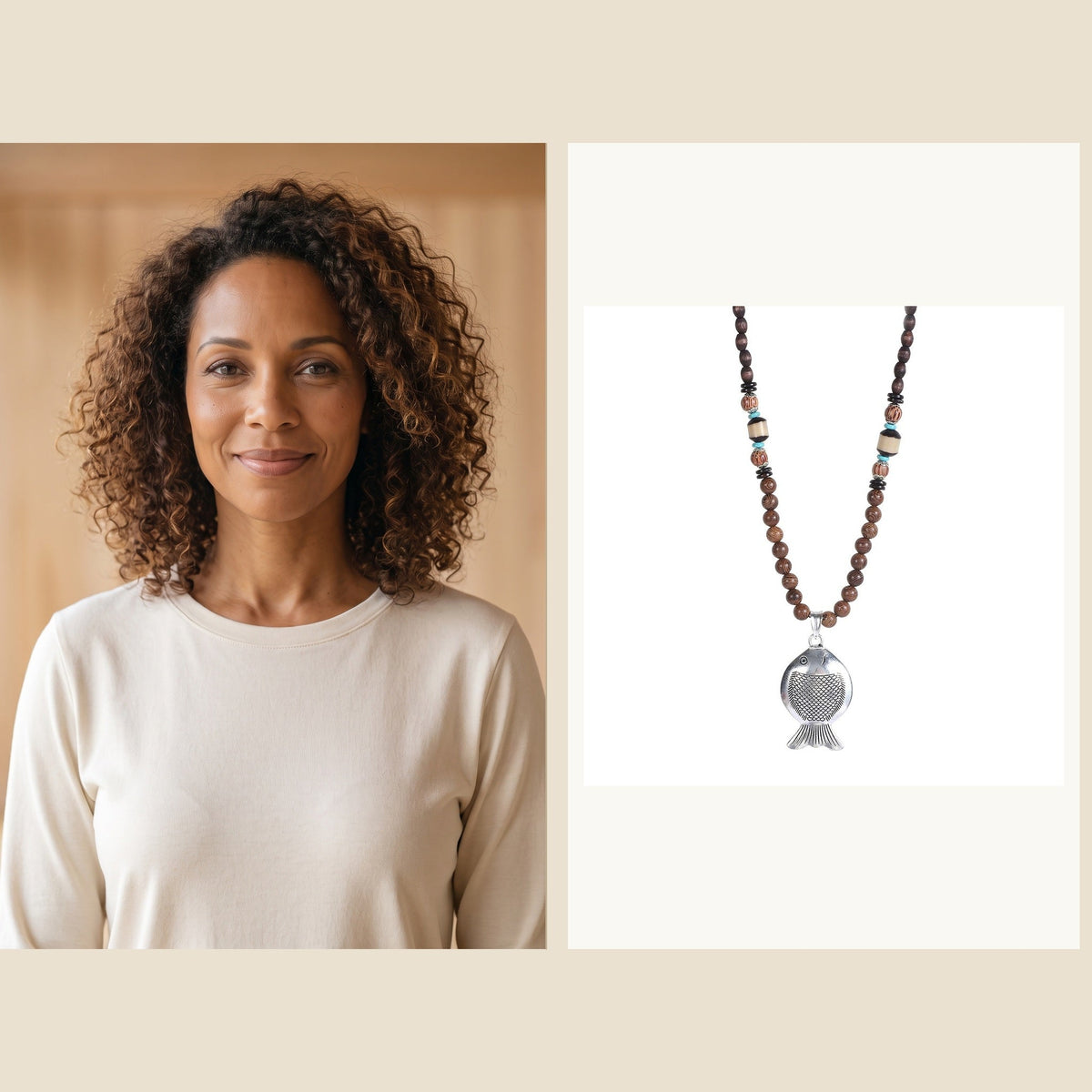Modèle du casting souriante avec la vraie vue du collier vintage au poisson