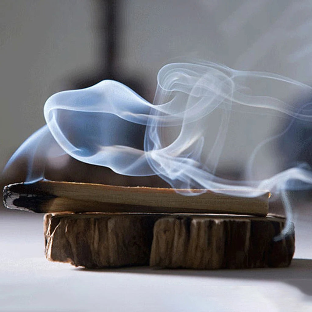 Volutes de fumée d'un bâton d'encens en bois naturel en combustion lente