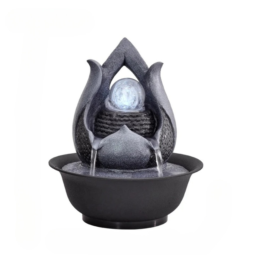 Fontaine décorative grise avec grand bassin et boule lumineuse sur fond blanc