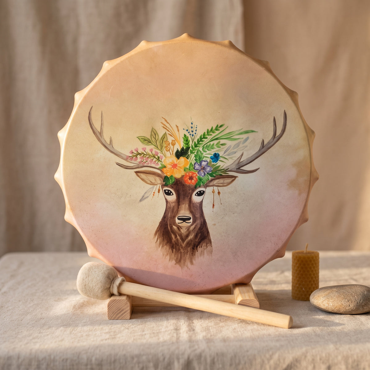Tambour chamanique cerf fleuri, packshot zen