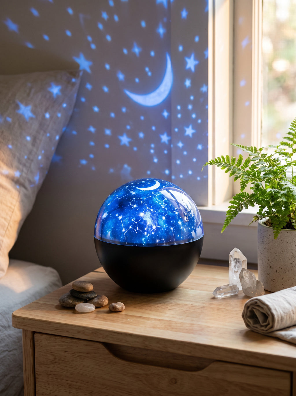 Lampe projecteur d'étoiles allumée sur une table de chevet