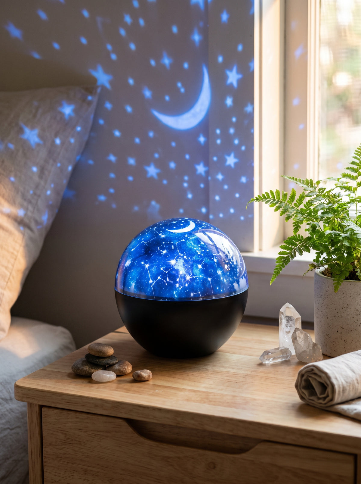 Lampe projecteur d'étoiles allumée sur une table de chevet